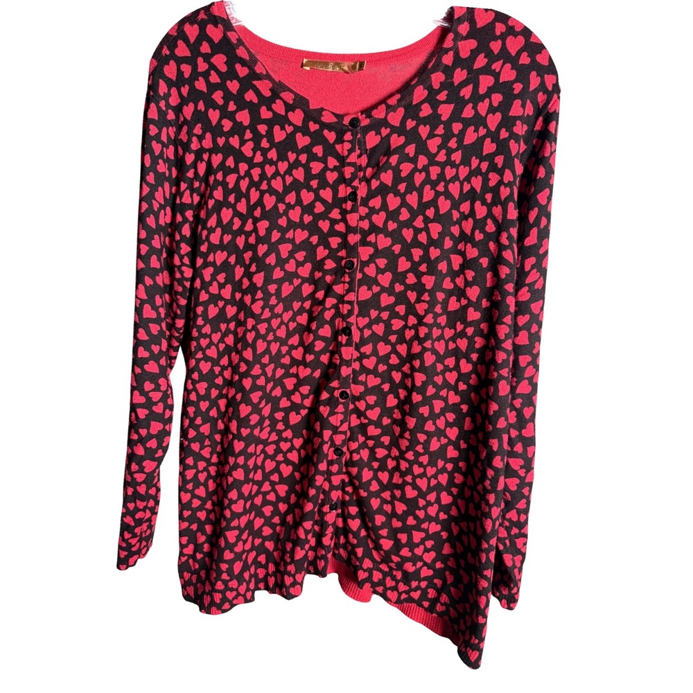 Belldini Cardigan Women XL Black Red Viscose Heart Print Romantic Button Front